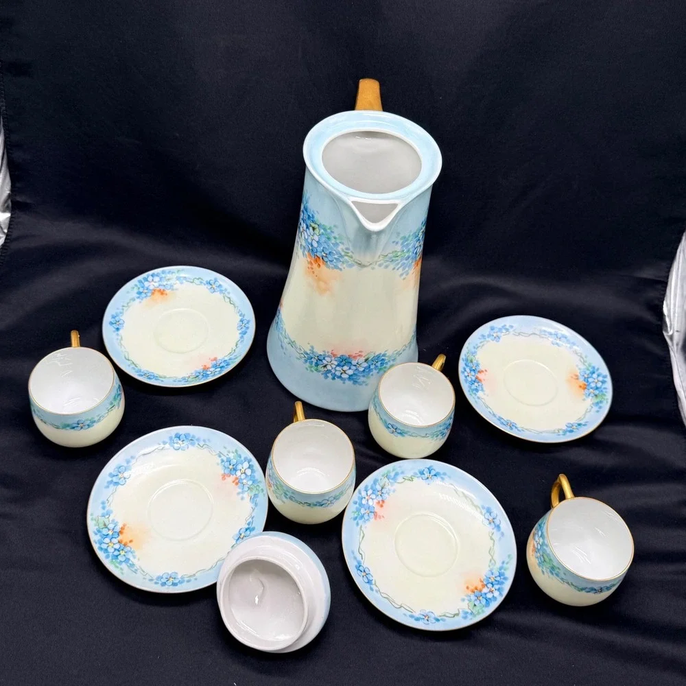 Vintage Porcelain Chocolate Pot Set Blue Floral Gold Gilt 4 Cups and Saucers